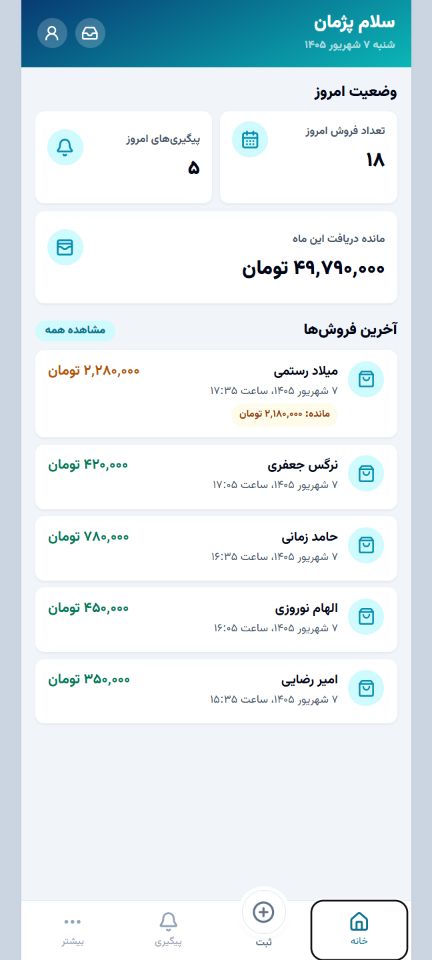 داشبورد ردیف با اطلاعات فروش مانده و پیگیری‌های ذخیره‌شده روی دستگاه